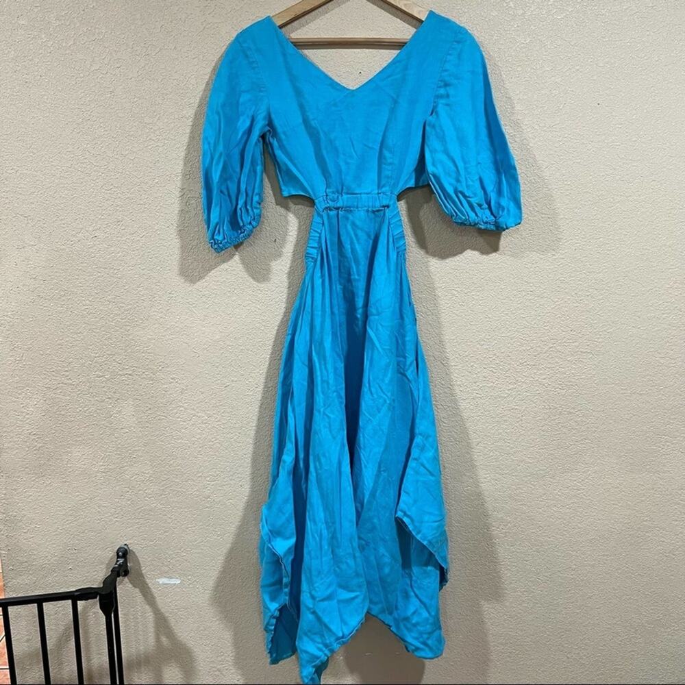 Nicholas Blue Karen Linen Cutout Puff Sleeves Dress